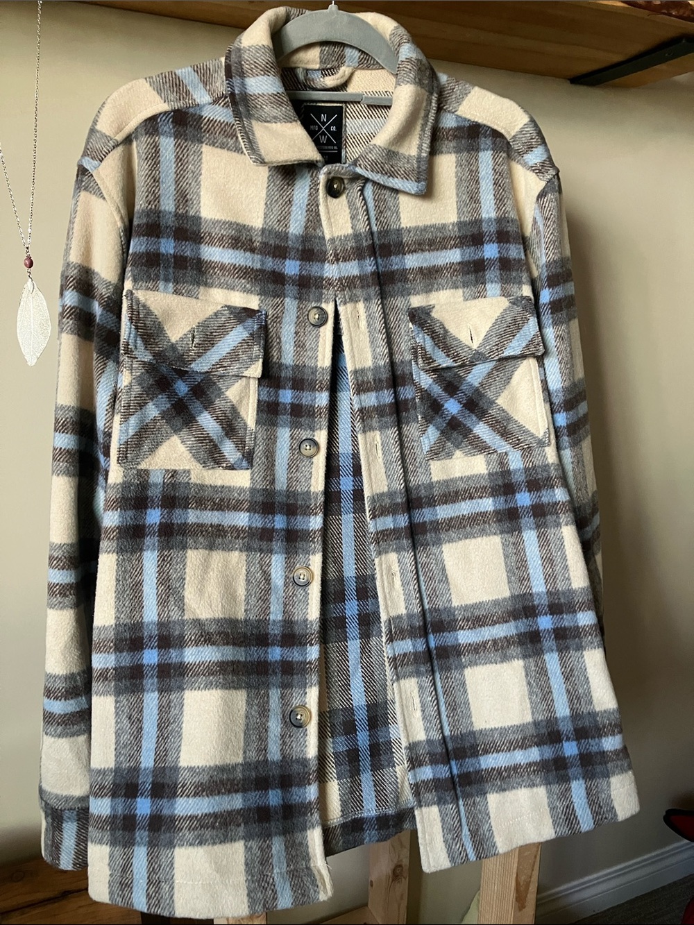 Plaid Button-Front Shacket Jacket in Cream & Light Blue by